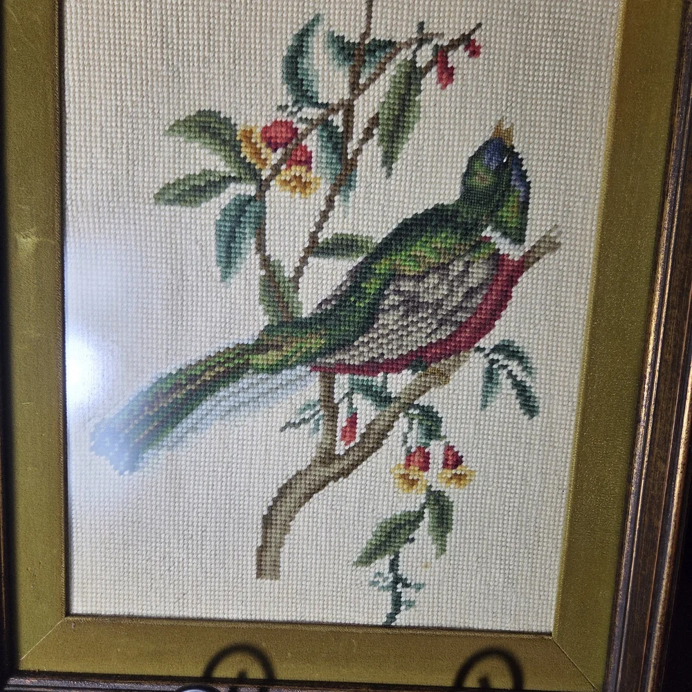 Framed Bird Embroidery Art in Brown and Green - Picture 3 of 10